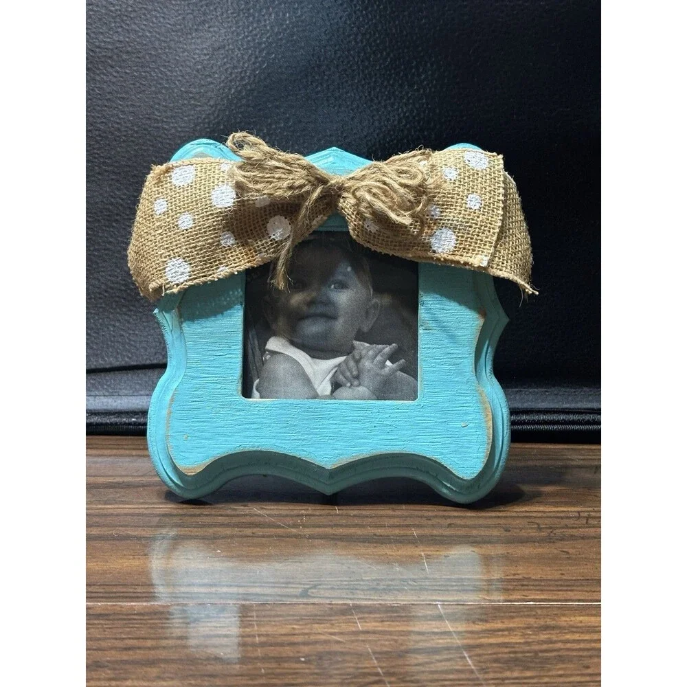 Rustic Distressed Wood Photo Frame Polkadot Burlap Bow, 3.5 X 3.5 Pic Opening